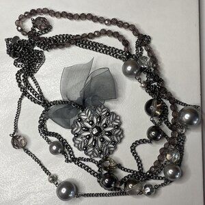 Vintage Express Gun Metal Colored Multi Strand Chains & Beads Long Necklace Bow